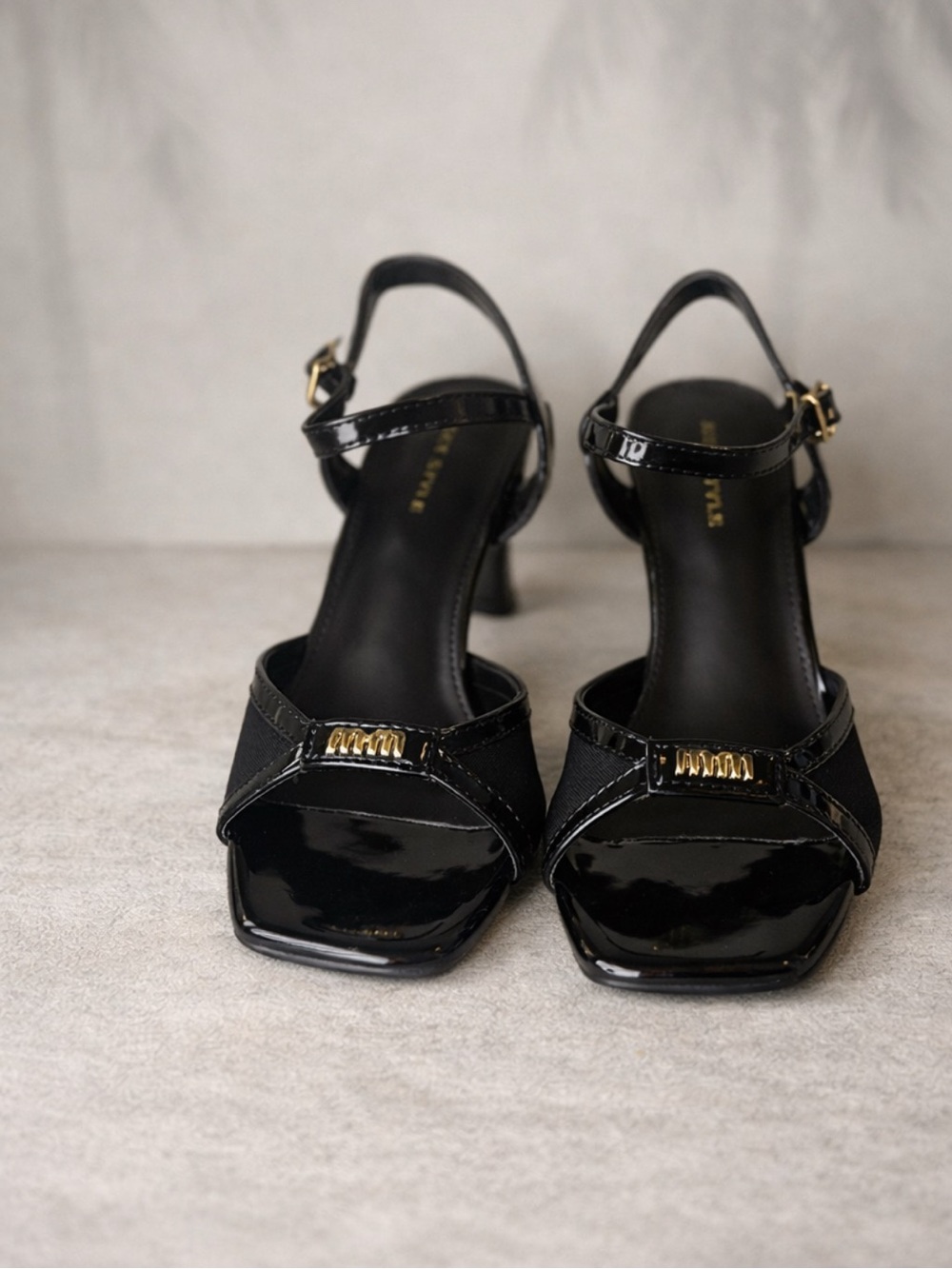 Black Patent Slingback Heels with Gold Accent